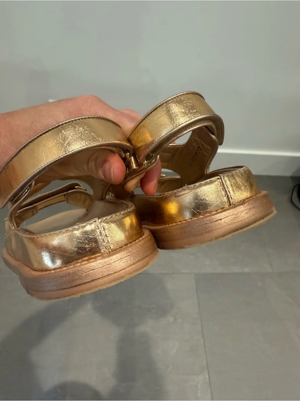 CHANEL Metallic Gold Velcro Logo Sandals